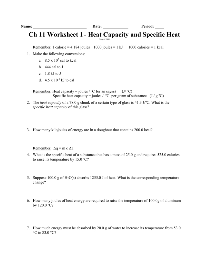 Specific Heat Worksheet Answers Intended For Specific Heat Worksheet Answer Key