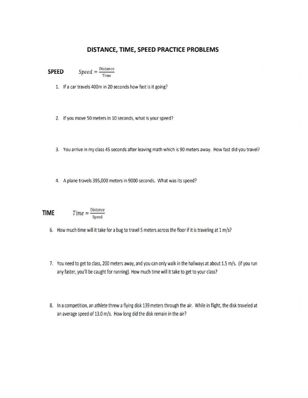 Speed Distance Time Worksheet For Distance Formula Word Problems Worksheet
