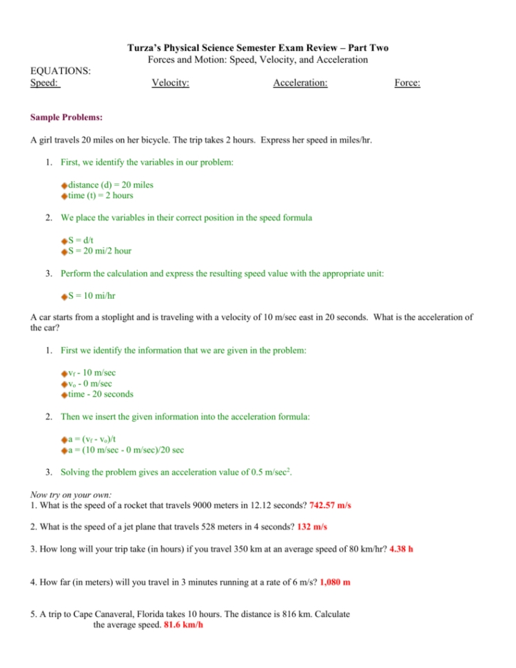 Speed Velocity And Acceleration Worksheet Answer Key — Db Excel Inside Speed Velocity And Acceleration Worksheet