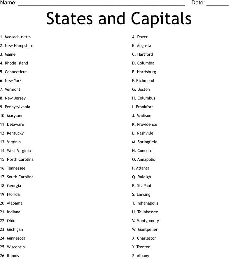 States And Capitals Quiz 2 Worksheet - Wordmint with States And Capitals Matching Worksheet