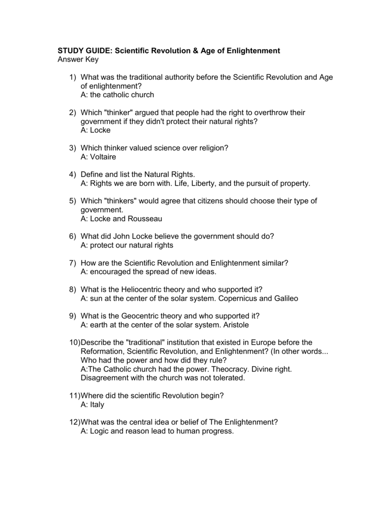 Study Guide: Scientific Revolution &amp; Age Of Enlightenment with regard to The Enlightenment Worksheet Answers