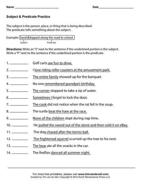 Subject And Predicate Practice Worksheets | 99Worksheets within Subject Predicate Worksheet Pdf