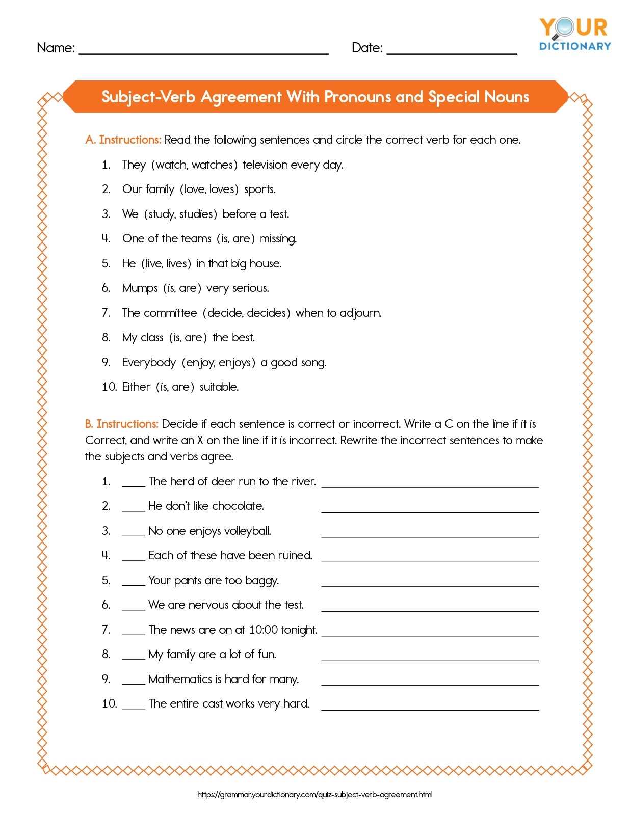 Subject-Verb Agreement Quiz: Two Practice Tests With Answers in Pronoun Verb Agreement Worksheet