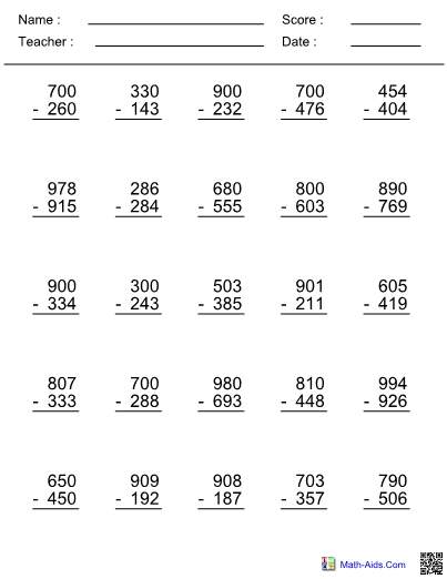 Subtracting Across Zero Worksheet In Subtracting Across Zero Worksheet