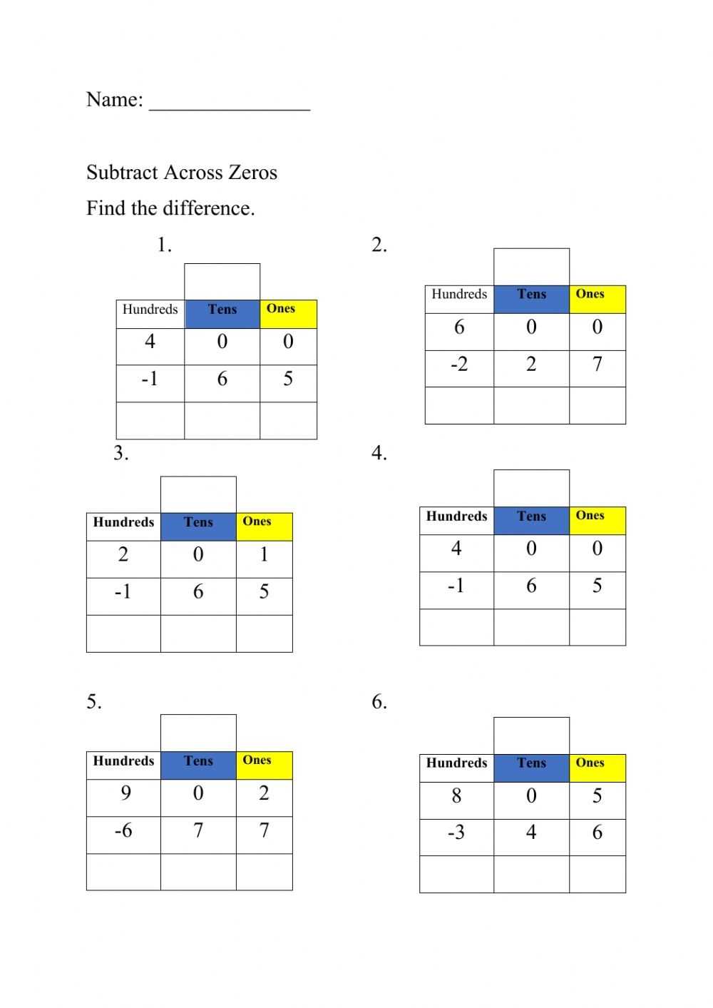 Subtracting Across Zeros Worksheet inside Subtracting Across Zero Worksheet