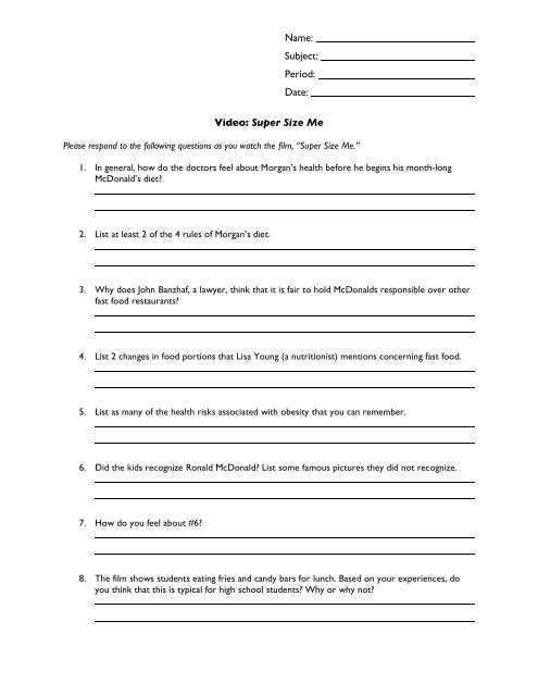Supersize Me Video Worksheet Answers - Super Size Me English Esl Worksheets For Distance within Super Size Me Video Worksheet