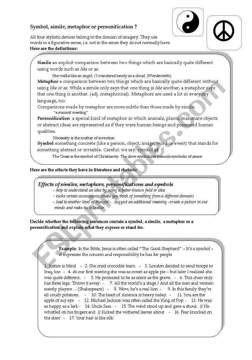 Symbol - Simile - Metaphor - Personification - Esl Worksheet By Elderberrywine in Simile Metaphor Personification Worksheet
