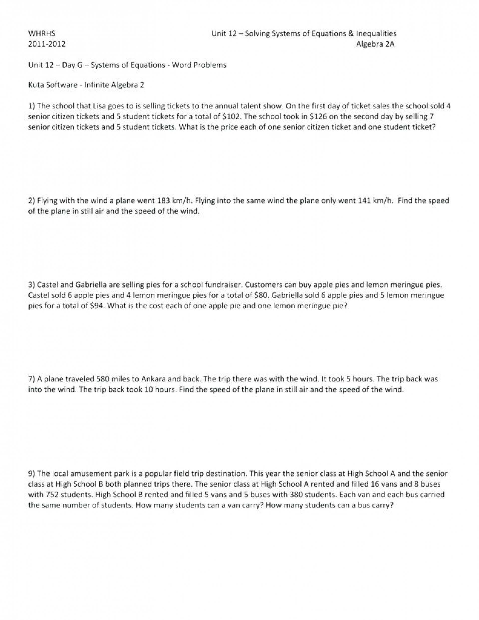 Systems Of Equations Word Problems Worksheet — Db-Excel throughout Systems Word Problems Worksheet