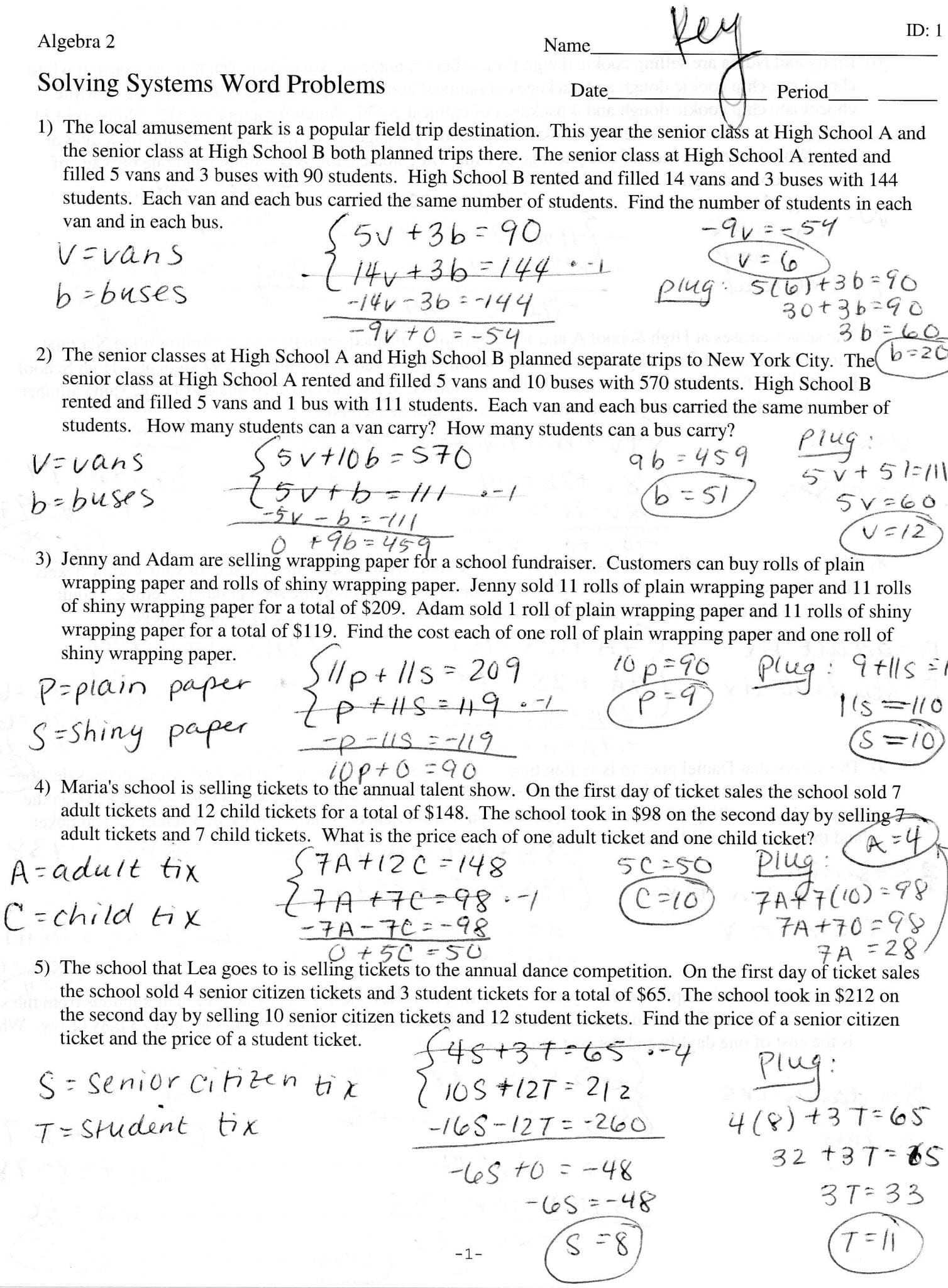 Systems Of Linear Equations Word Problems Worksheet Answers — Db Excel Throughout Systems Of Linear Equations Worksheet