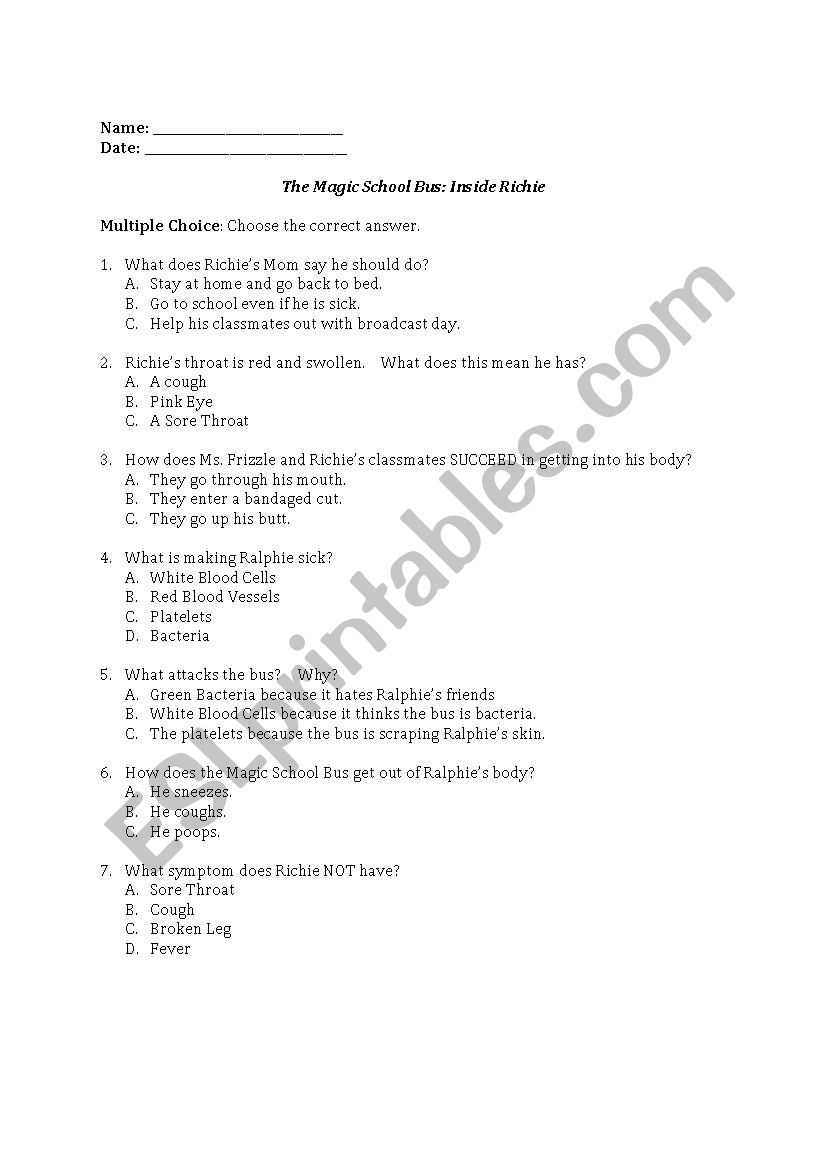 The Magic School Bus: Inside Richie - Esl Worksheet By Adventurer1519 With Regard To Magic School Bus Worksheet