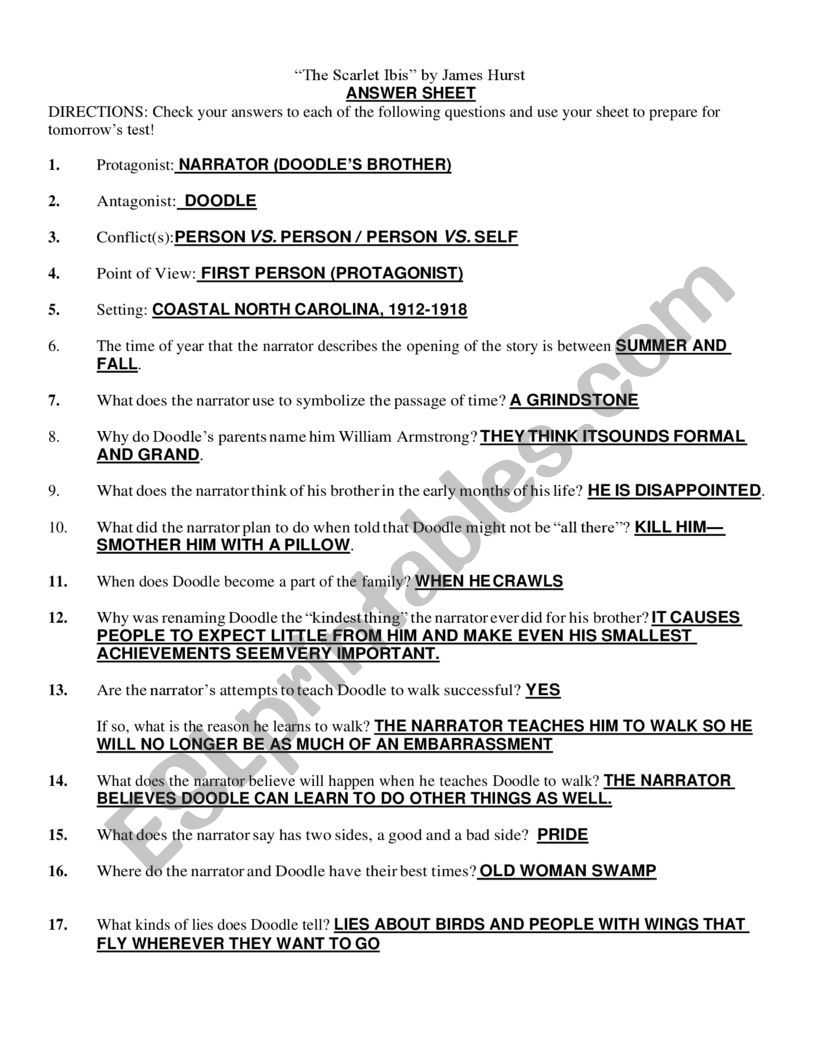 The Scarlet Ibis Worksheet for The Scarlet Ibis Worksheet