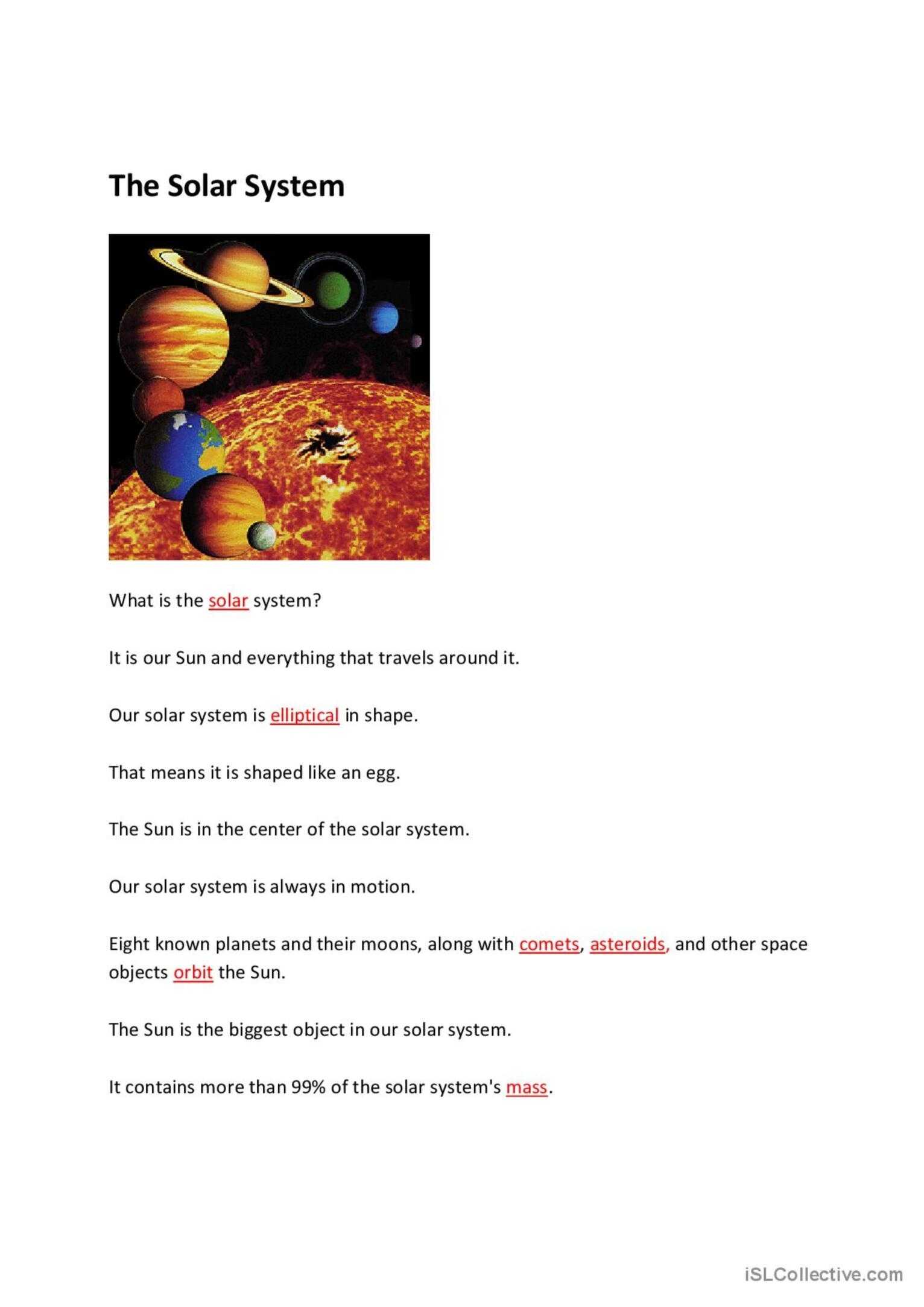 The Solar System Reading For Detail…: English Esl Worksheets Pdf & Doc Pertaining To Solar System Worksheet Pdf