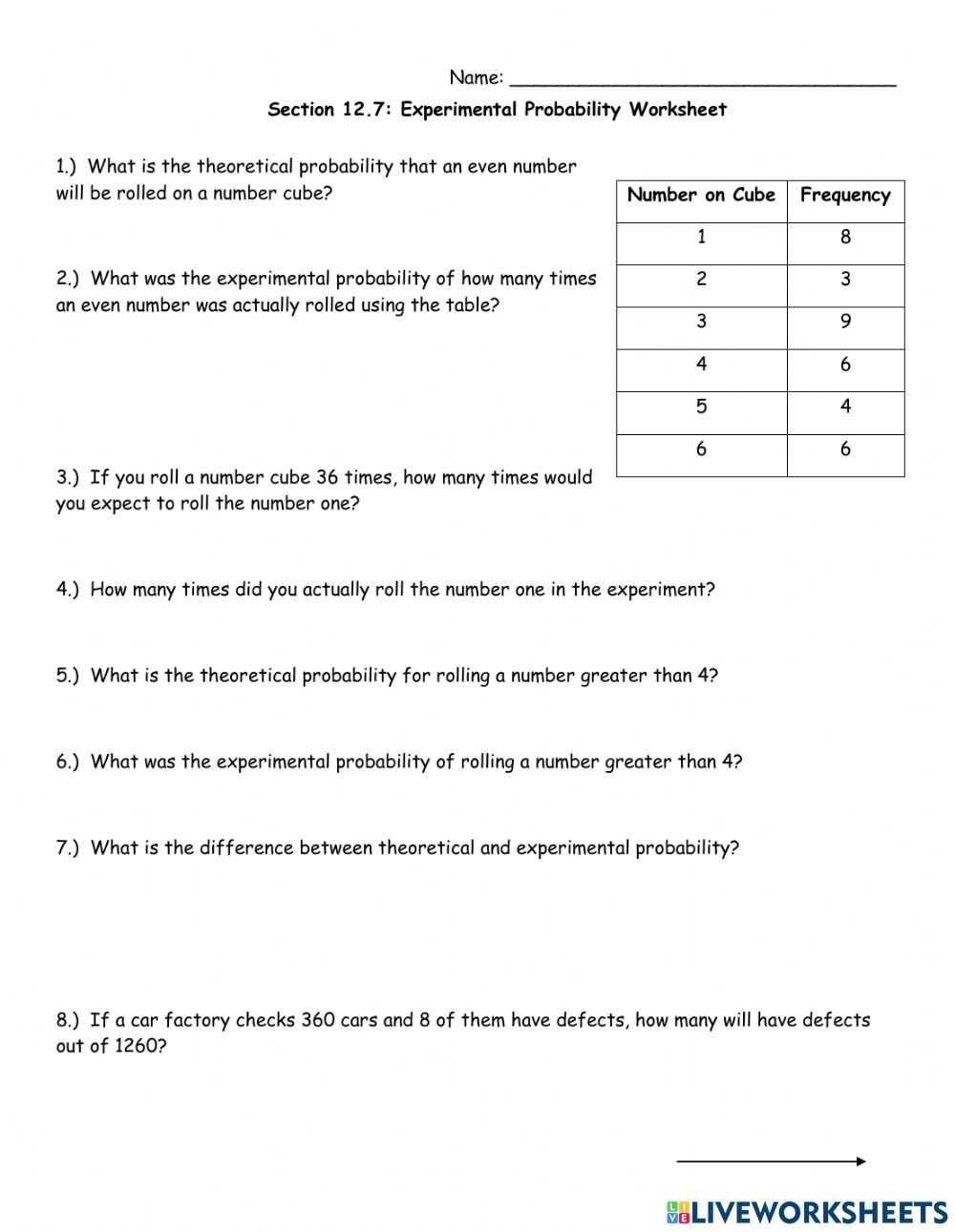 Theoretical And Experimental Probability Worksheet in Theoretical And Experimental Probability Worksheet
