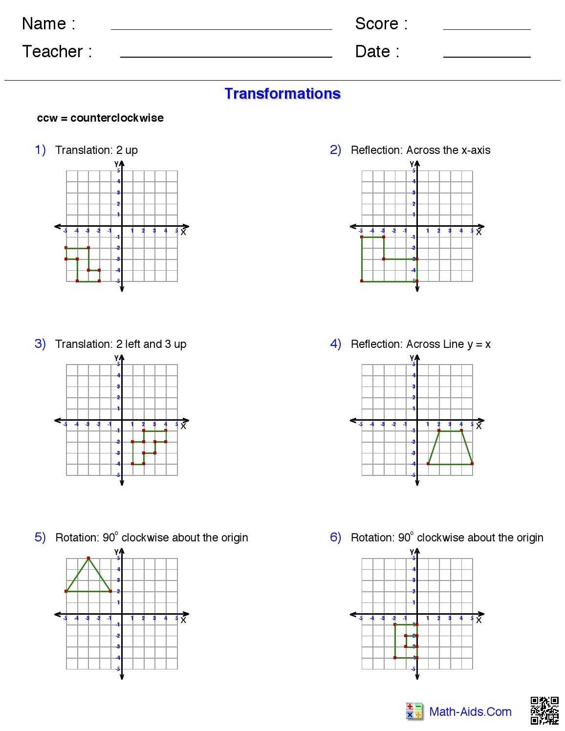 Transformation Of Linear Functions Worksheet Regarding Geometry Transformations Worksheet Pdf
