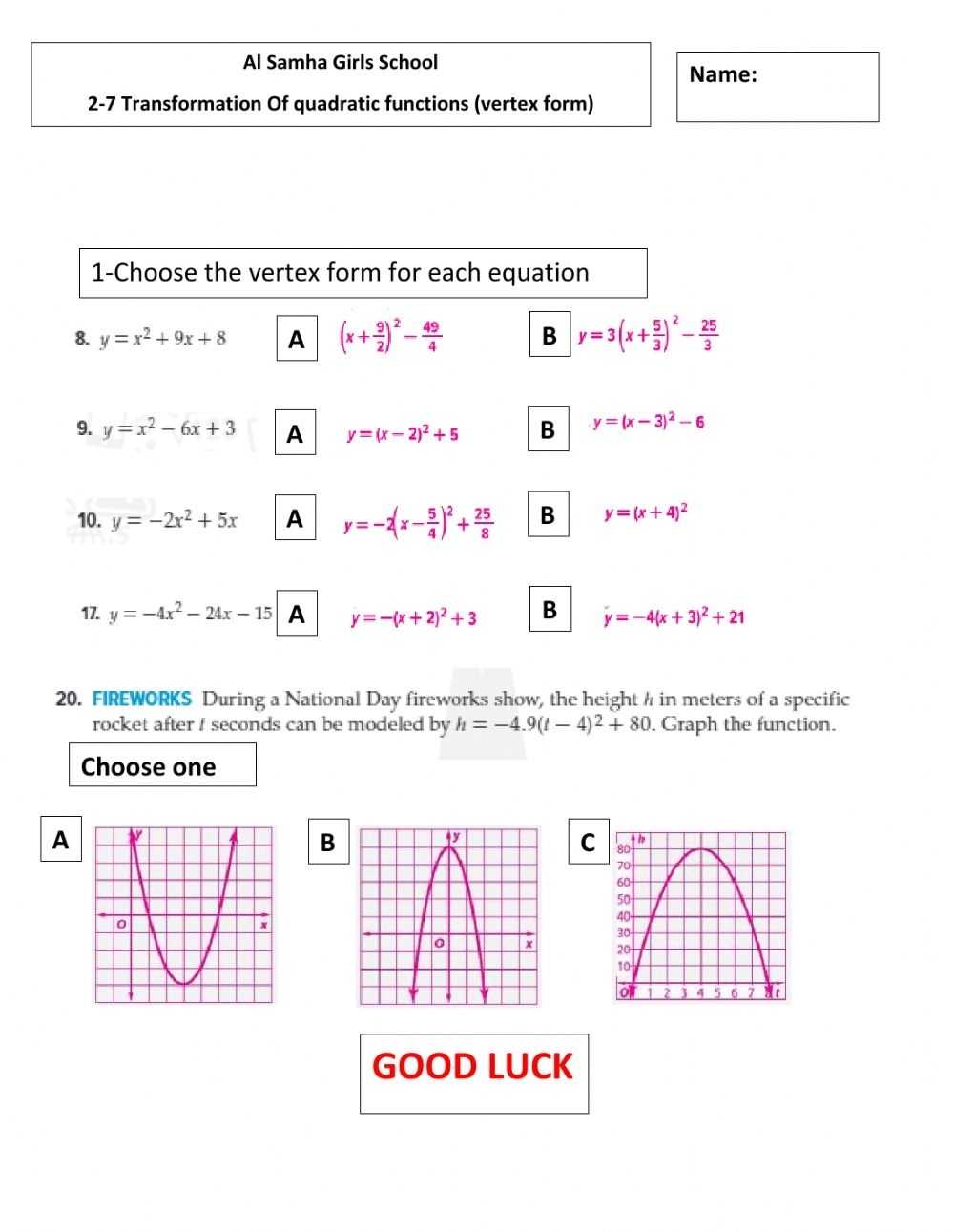 Transformations Of Quadratic Functions Worksheet Pertaining To Graphing Quadratic Functions Worksheet