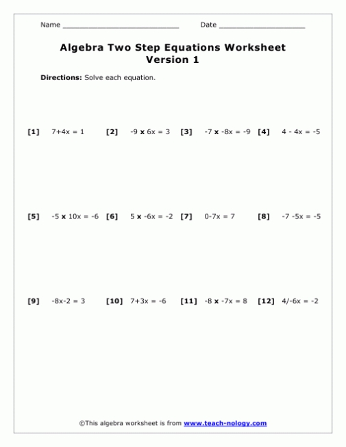 Two Step Equation Worksheet Version 1 With 2 Step Equations Worksheet