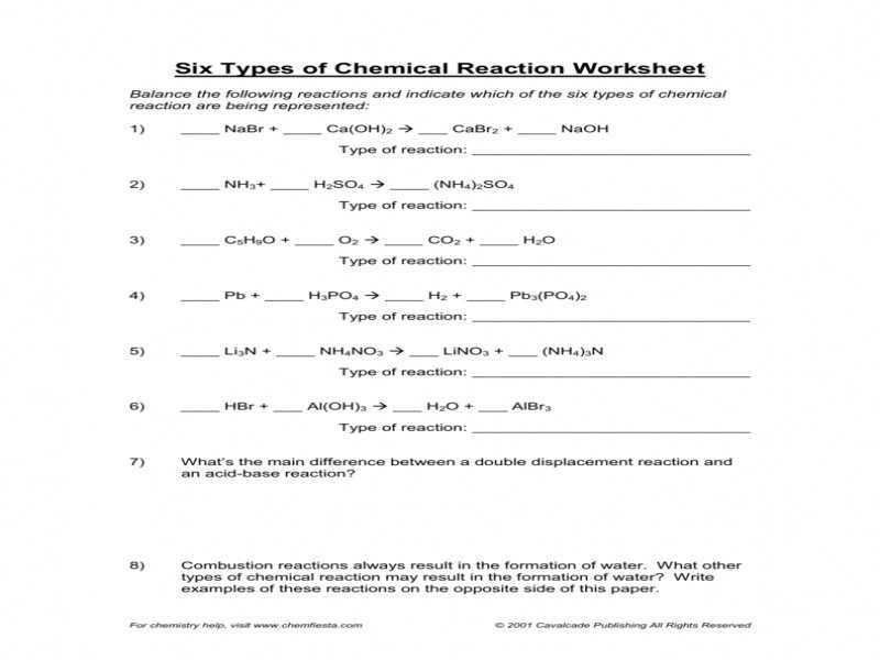 Types Of Chemical Reactions Worksheet Answer Key within Types Of Reactions Worksheet Answers