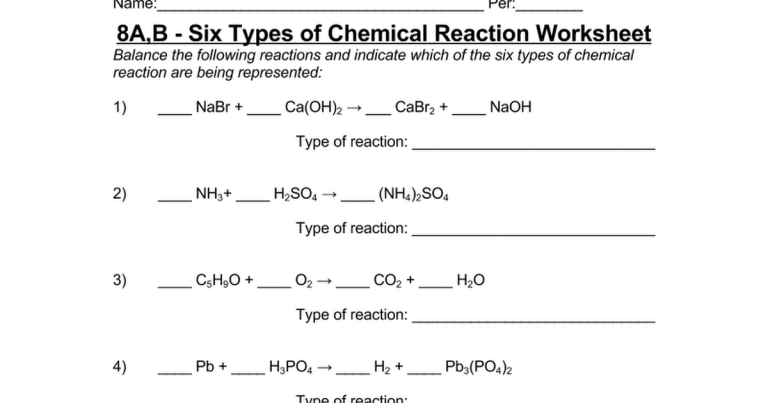 Types Of Chemical Reactions Worksheet Pdf - Thekidsworksheet Within Classification Of Chemical Reactions Worksheet
