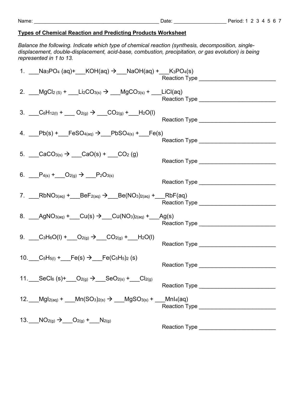 Types Of Reactions Worksheet Inside Types Of Reactions Worksheet