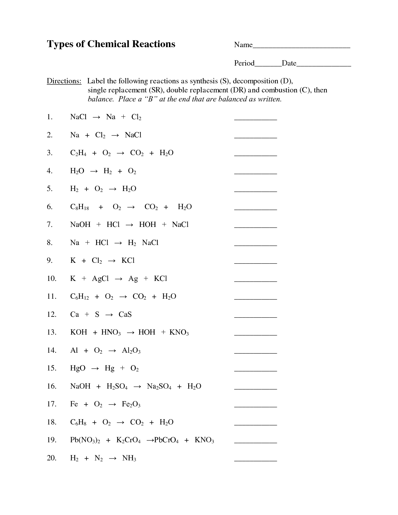 Types Of Reactions Worksheet Then Balancing - Kamberlawgroup Within Types Of Reactions Worksheet