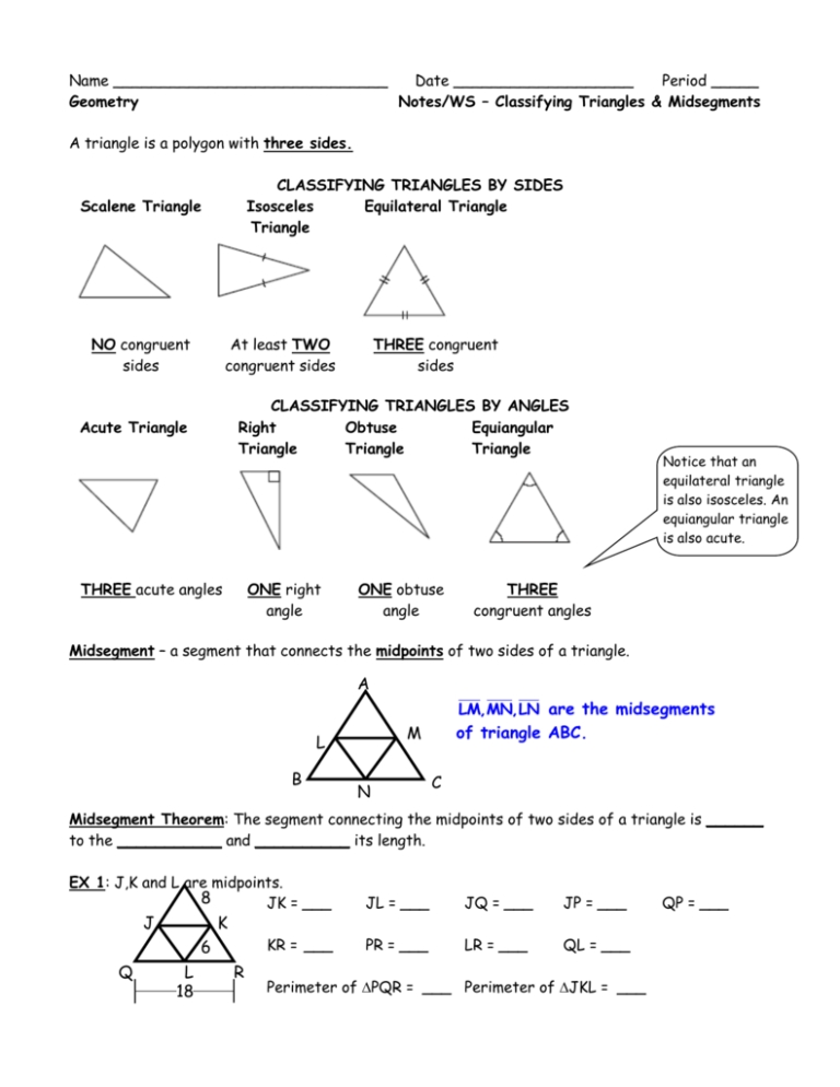 Unit 2 Intro Worksheet Classifying Triangles And Midsegment in Midsegment Of A Triangle Worksheet