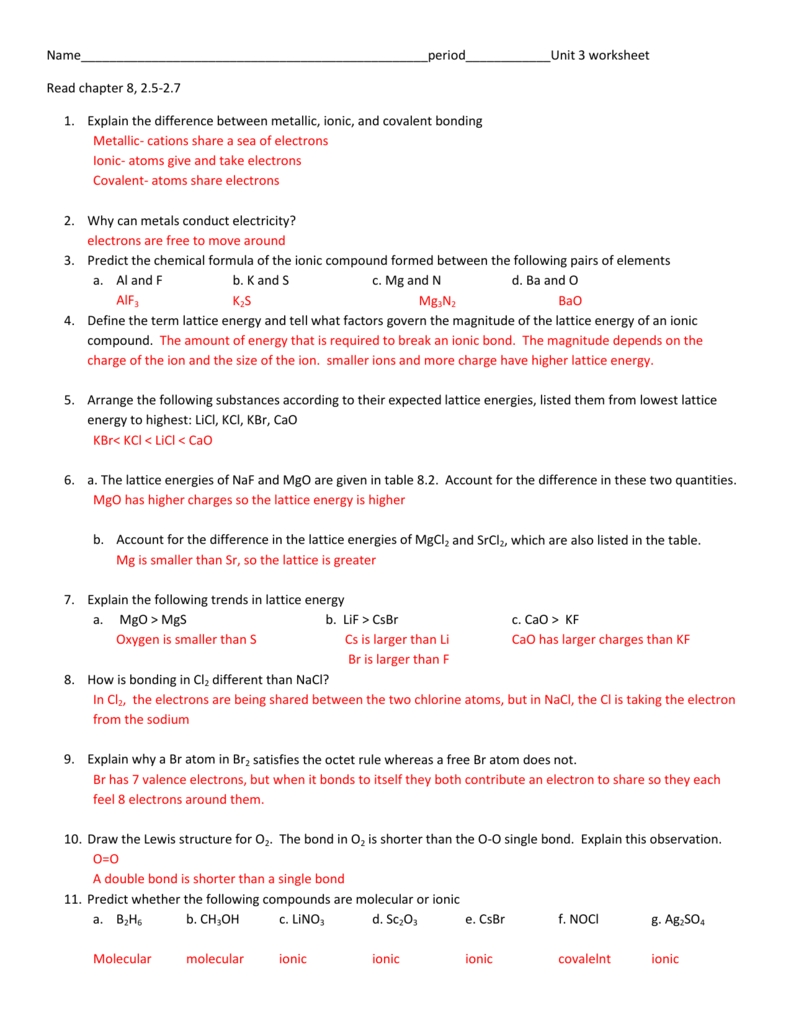 Unit 3 Covalent Bonds Worksheet Answers » Judithcahen Answer Key For throughout Covalent Bonding Worksheet Answers