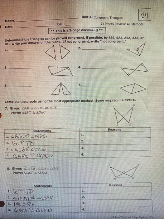 Unit 4 Congruent Triangles Worksheet Answers | Ismaelguiade Muntanya For Triangle Proofs Worksheet Answers