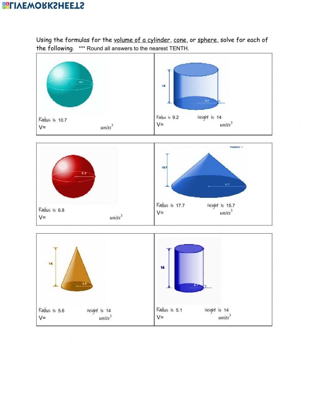 Volume Of Cylinders, Cones, Spheres Worksheet Pertaining To Volume Of Spheres Worksheet