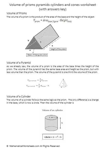 Volume Of Prisms Pyramids Cylinders And Cones Worksheet(With Answers Key with regard to Volume Of Pyramids Worksheet
