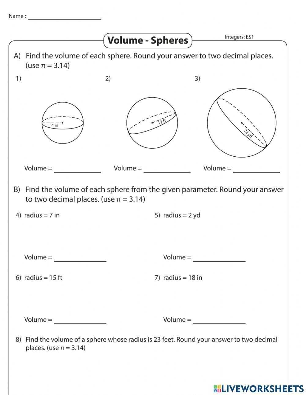 Volume Of Sphere Worksheet for Volume Of Spheres Worksheet