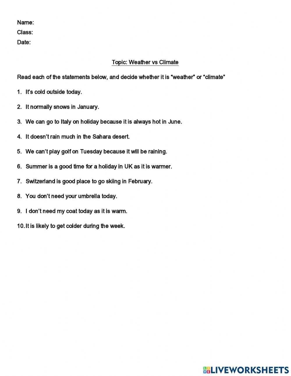 Weather Vs Climate Online Worksheet throughout Weather Vs Climate Worksheet