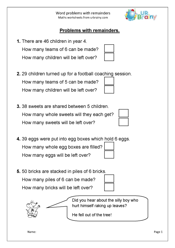 Word Problems With Remainders - Division Maths Worksheets For Year 3 Throughout Age Word Problems Worksheet