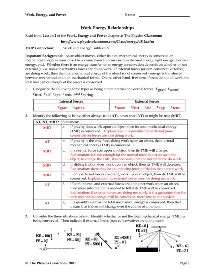 Work Power And Energy Worksheet Answer Key — Db Excel Throughout Work And Energy Worksheet Answers