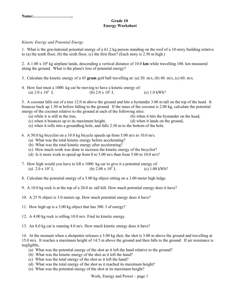 Work Power And Energy Worksheet with regard to Work And Energy Worksheet