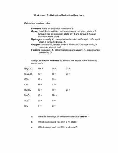 Worksheet 7 - Oxidation/Reduction Reactions Oxidation Number pertaining to Oxidation And Reduction Worksheet