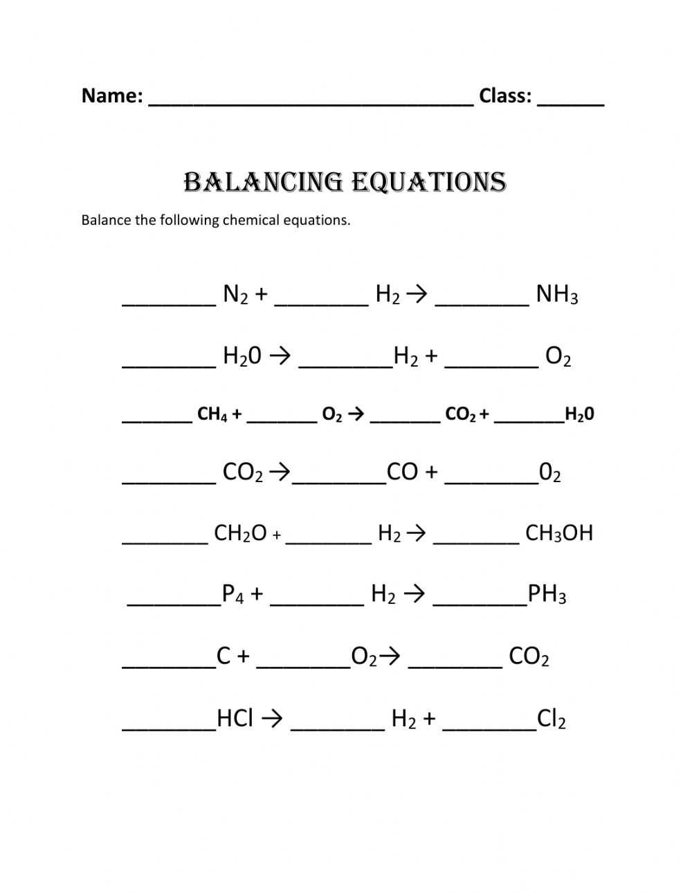 Worksheet: More Practice Balancing Equations Balance The Following Equations. : Balancing Regarding Balancing Chemical Equations Worksheet 1