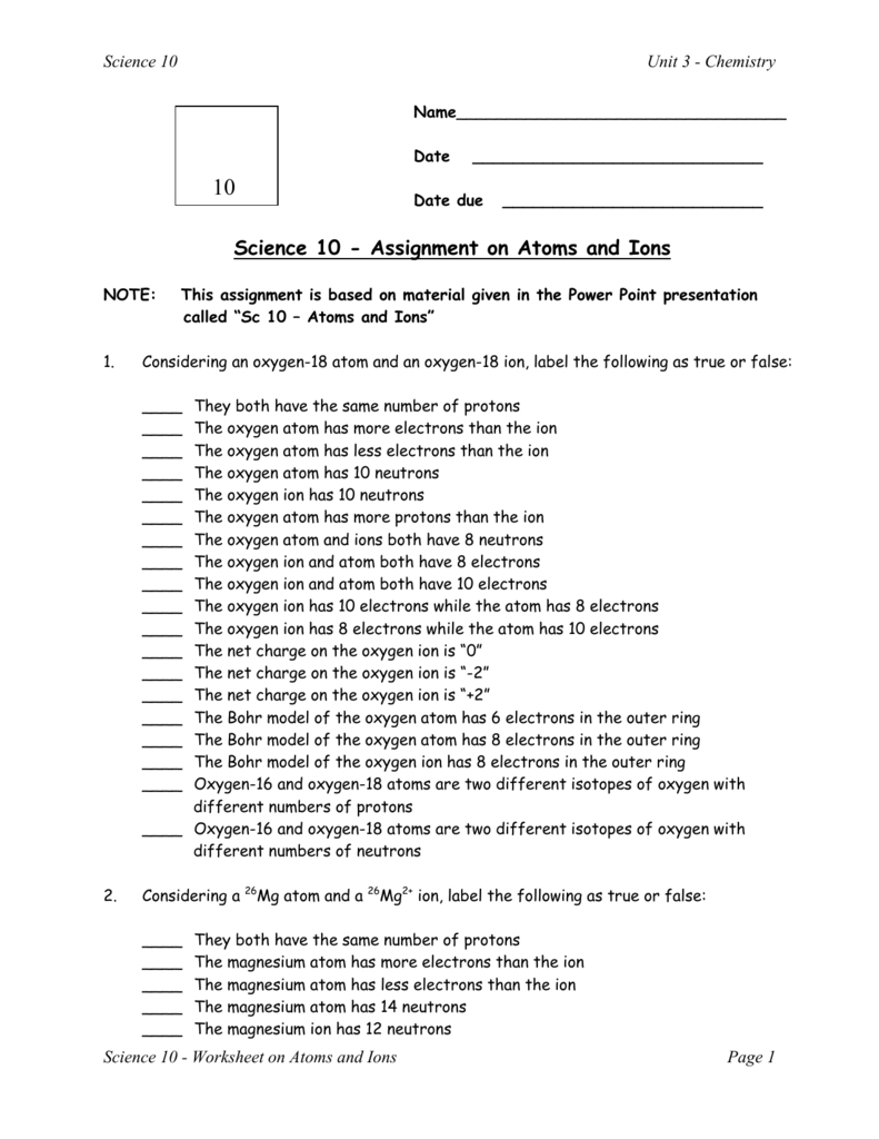 Worksheet On Atoms And Ions Within Atoms And Ions Worksheet