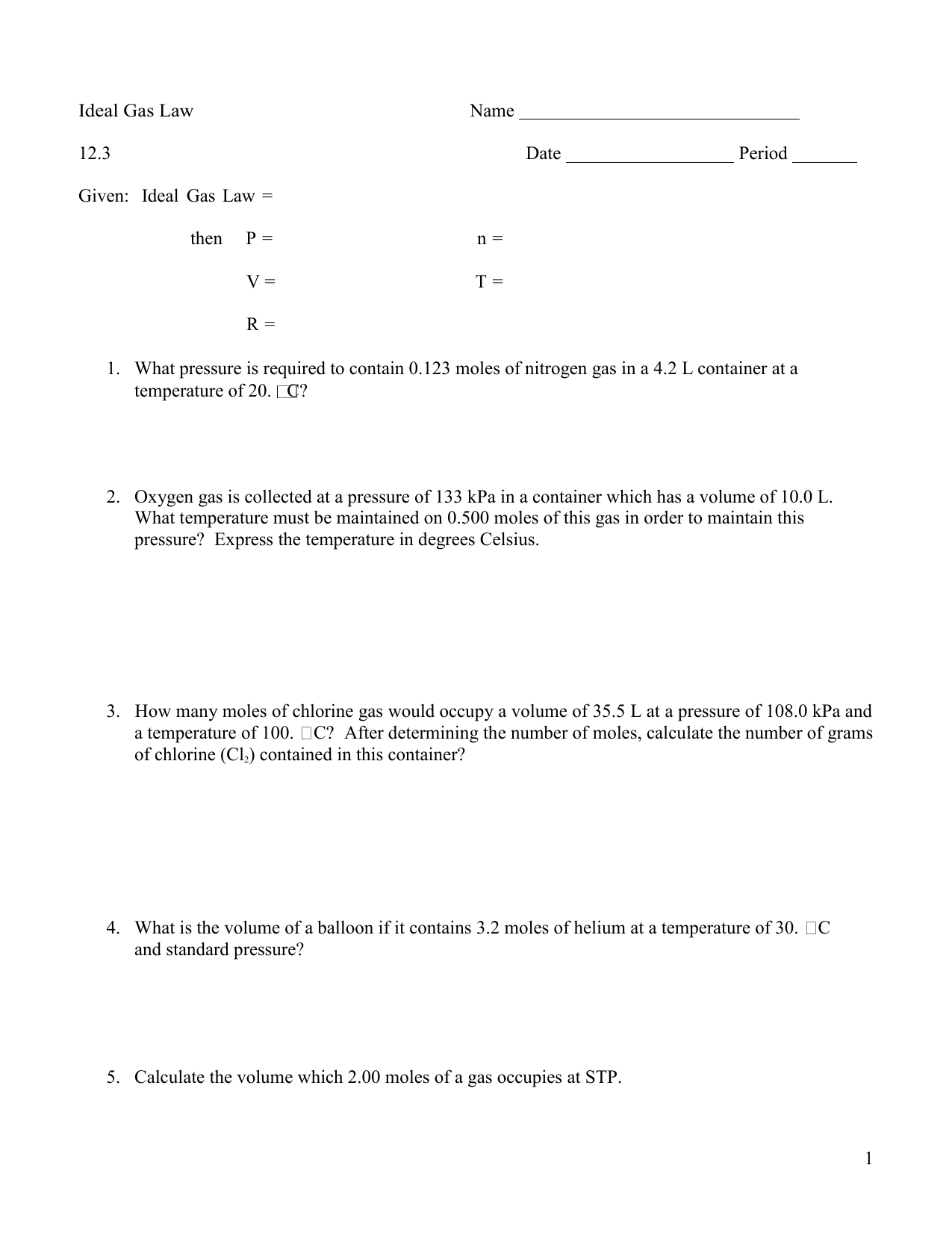 Worksheet On Ideal Gas Equation / Chemistry Ideal Gas Law Worksheet intended for Ideal Gas Laws Worksheet