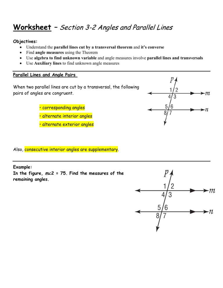 Worksheet Section 32 Angles And Parallel Lines throughout Angles And Parallel Lines Worksheet