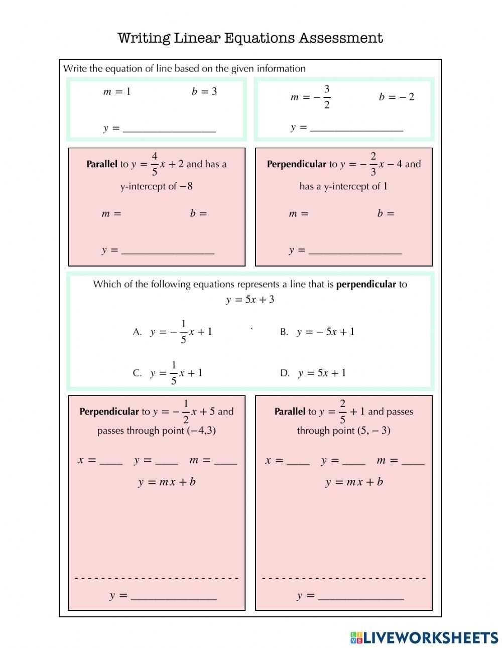 Writing Linear Equations Assessment Worksheet with regard to Writing Linear Equations Worksheet